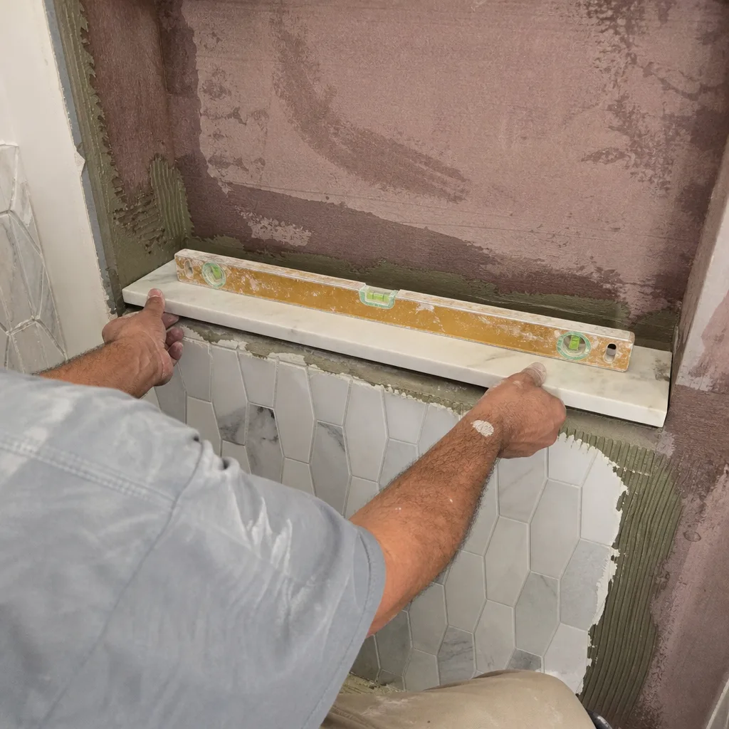 Professional contractor installing a marble shower niche shelf with a level