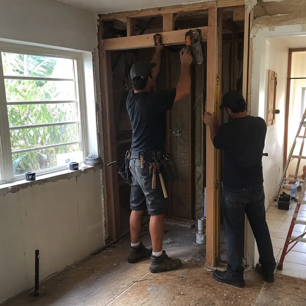 Contractors framing a new doorway during a bathroom remodel
