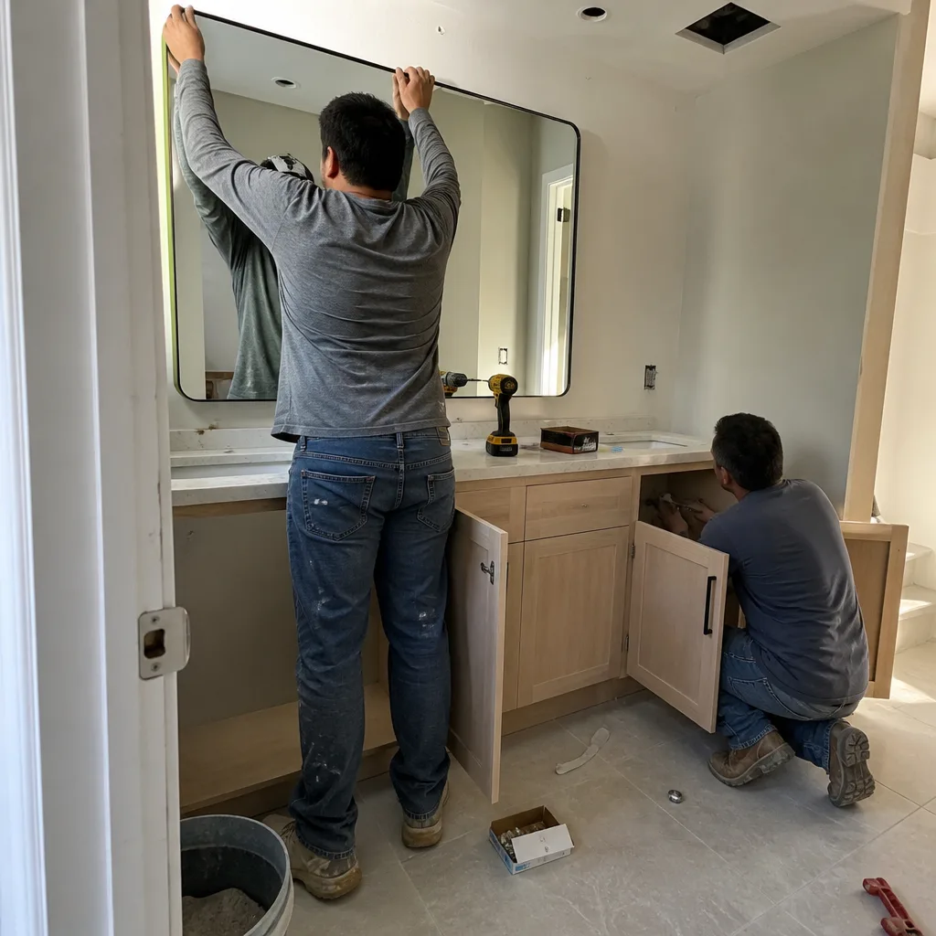 Contractors installing a bathroom mirror and vanity during a home renovation.