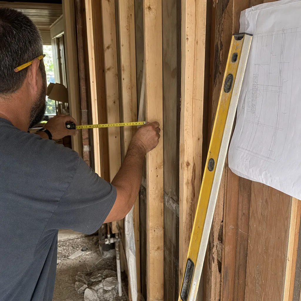 General contractor measuring wall studs with tape measure during home renovation
