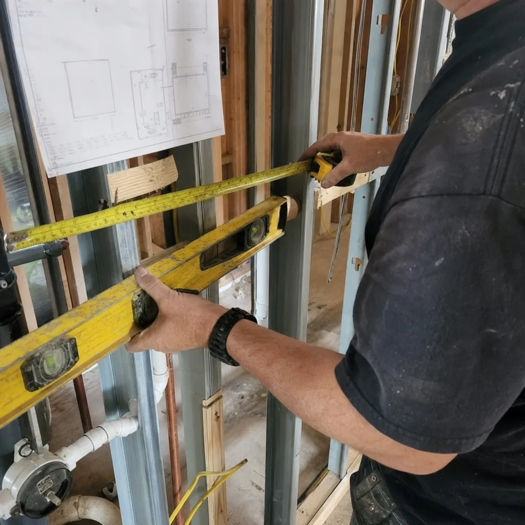 General contractor using a level and tape measure for wall framing.