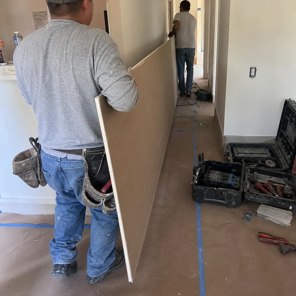 Contractors carrying drywall sheet during a residential construction and renovation project