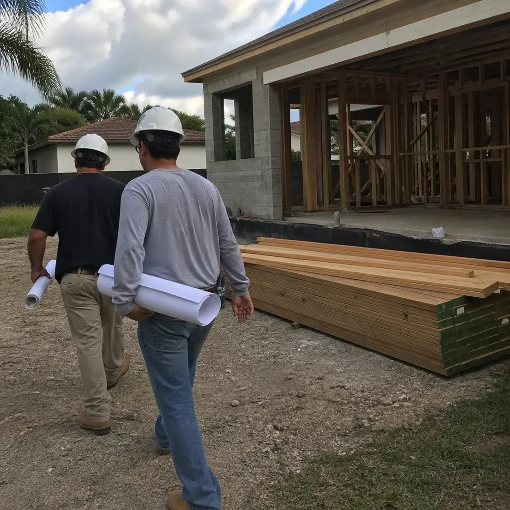 Two construction professionals carrying blueprints at a home renovation site