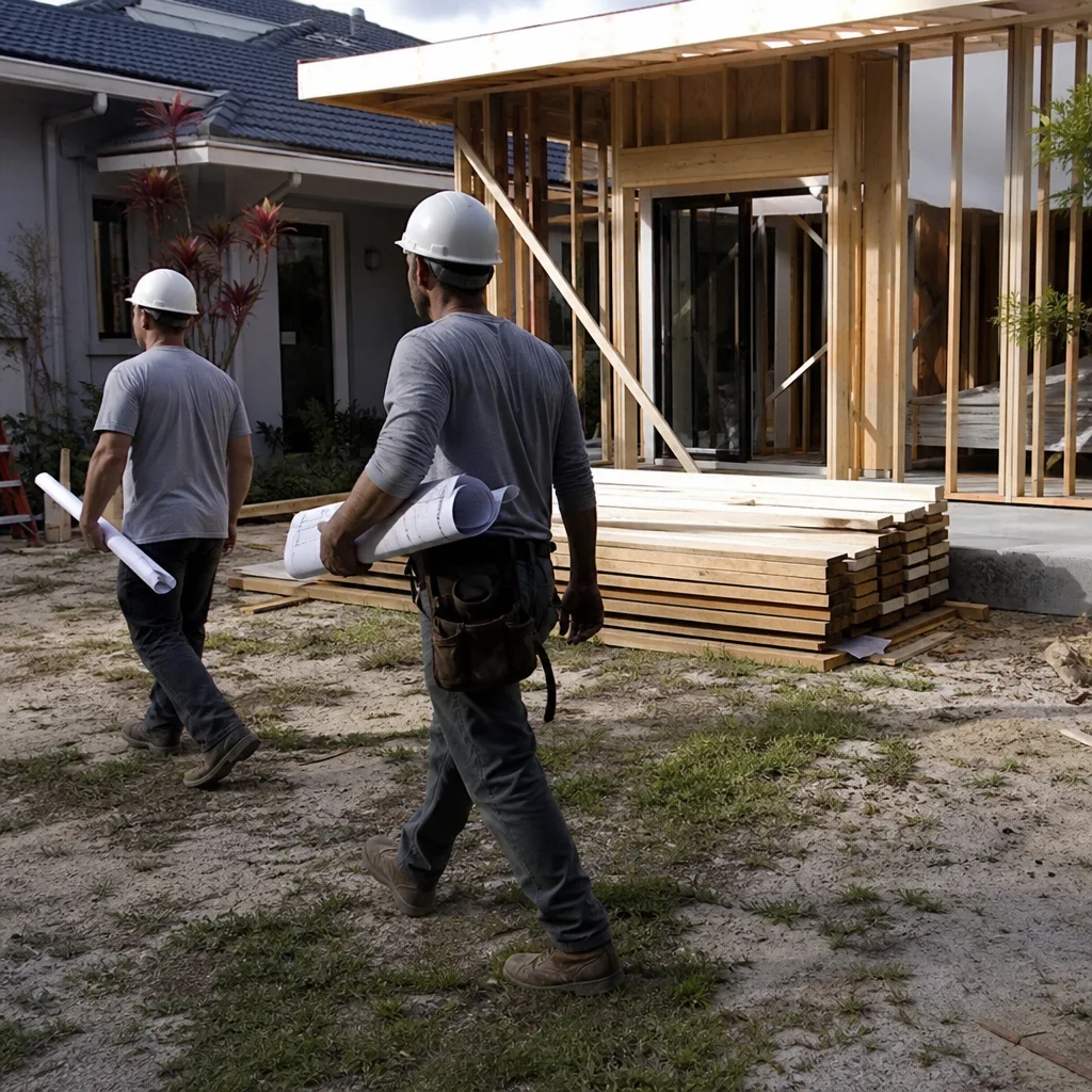 Two construction workers walking toward a home renovation project with building plans