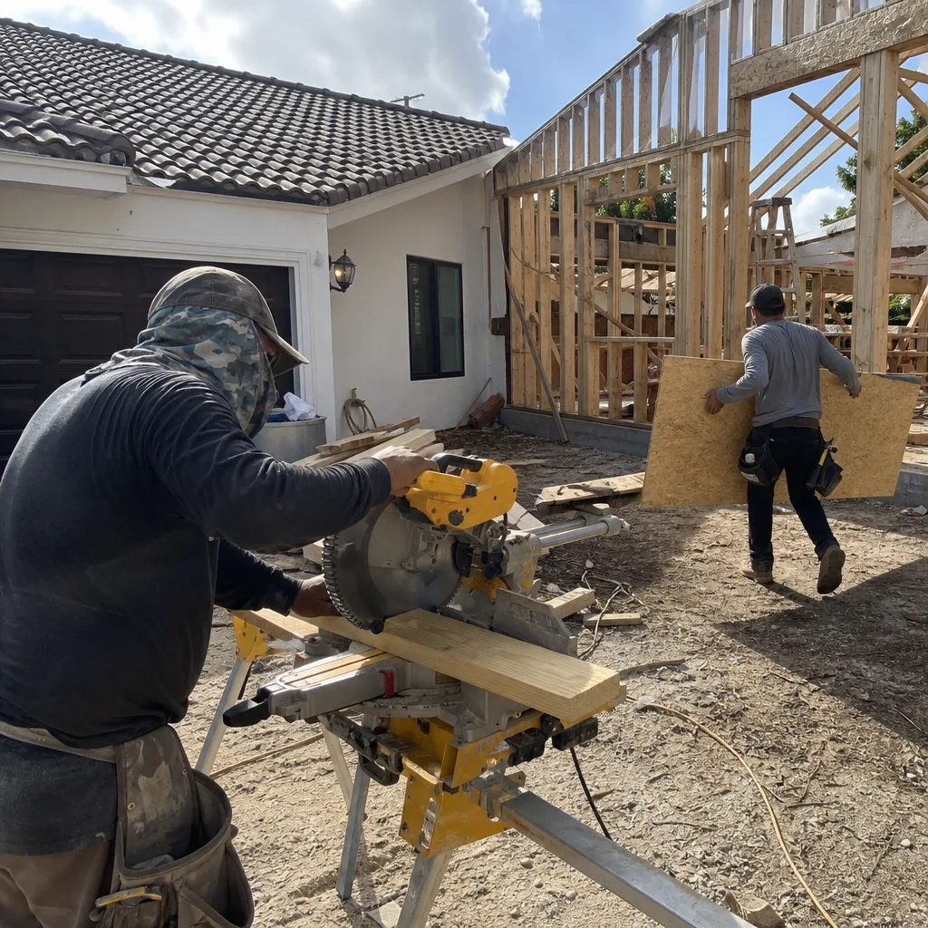Construction workers performing professional home renovation framing and carpentry