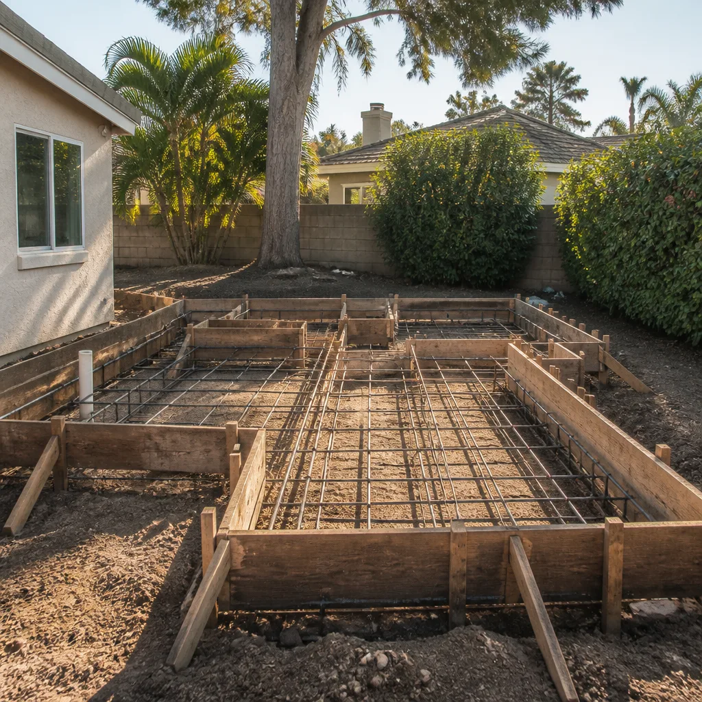 Footing forms with tied rebar for a home addition