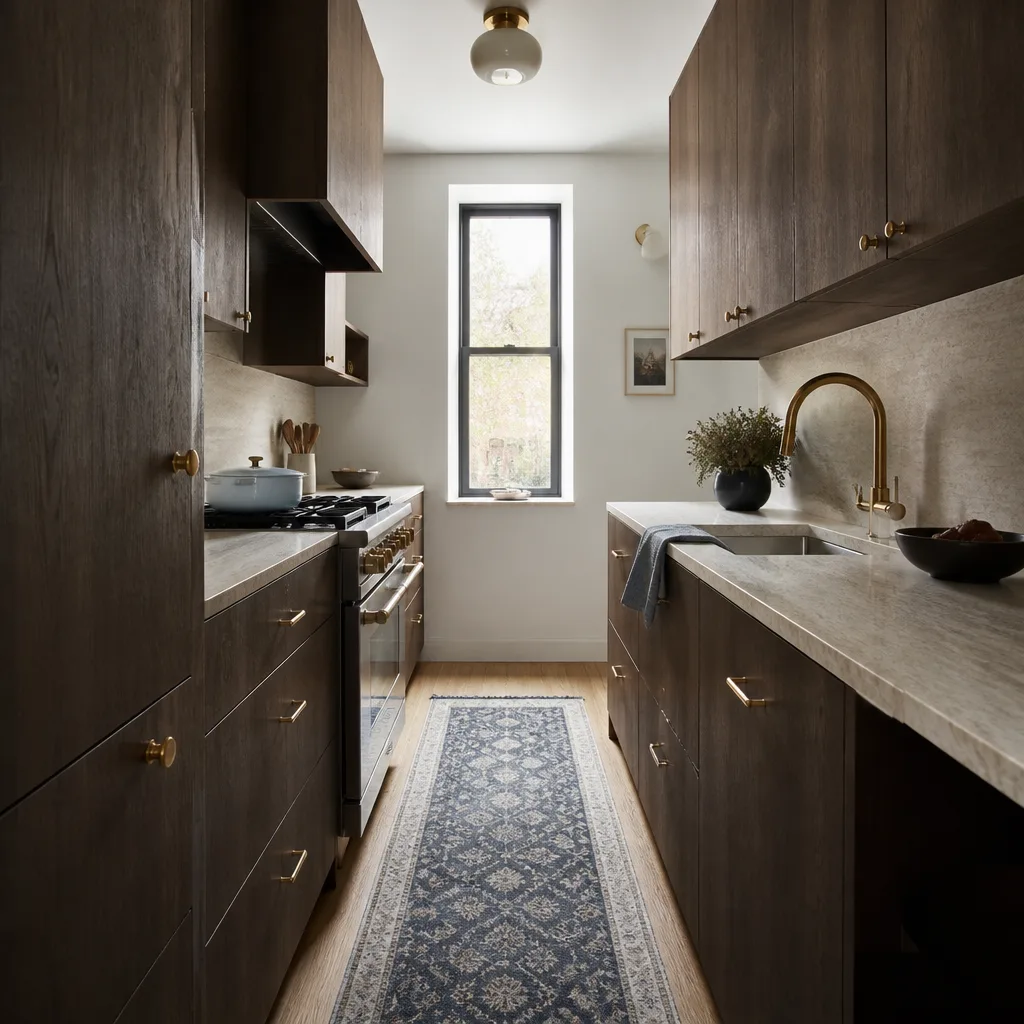 A small remodeled galley kitchen with cabinets to the ceiling